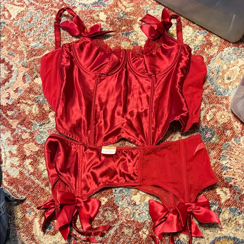 Cacique Red Satin Bra and Garter Set